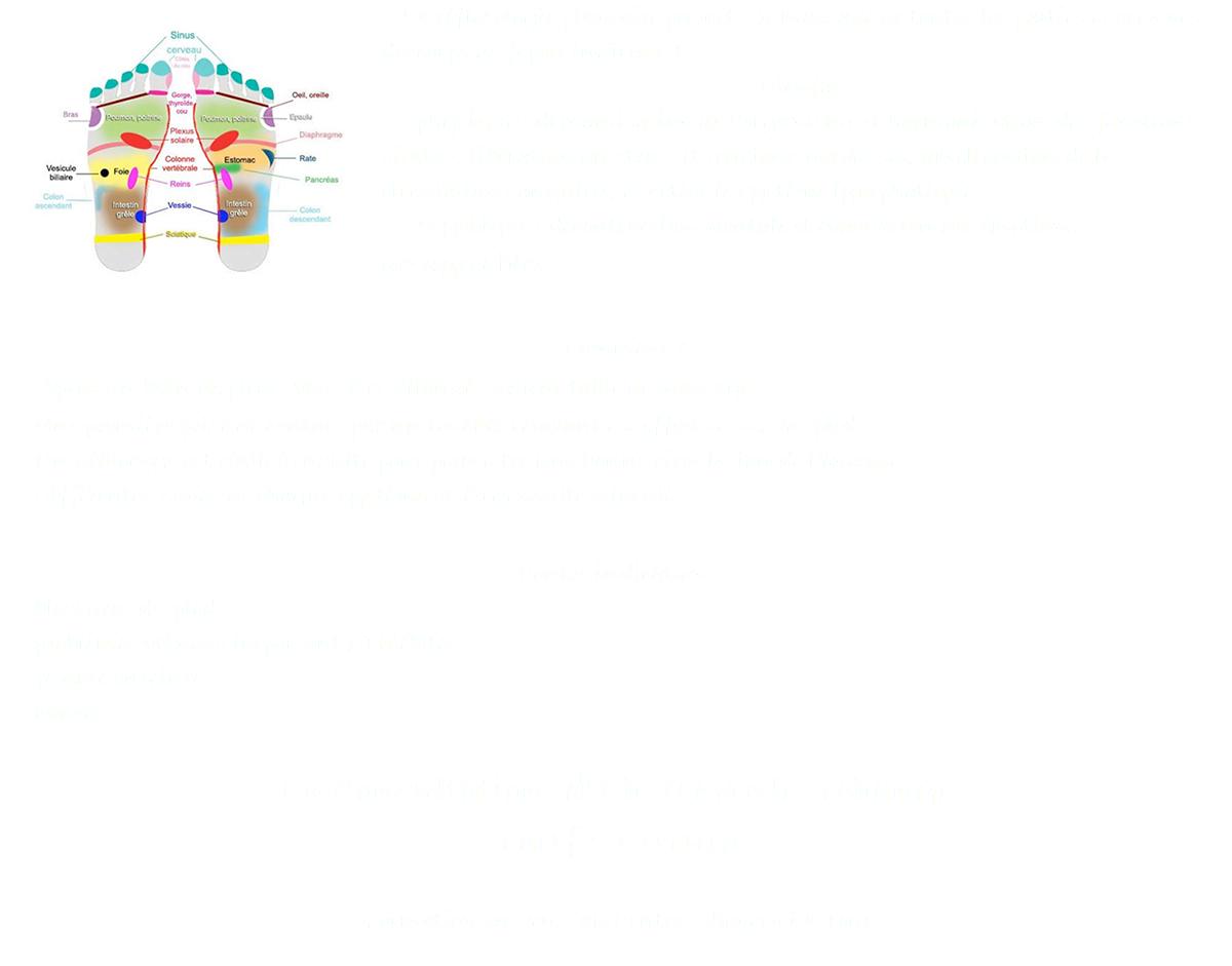 ﷯La réflexologie plantaire permet un massage de toutes les parties et organes du corps de façon indirecte ! Bienfaits : - physique : dynamisation de l’organisme et harmonisation des fonctions vitales , libération du stress et tensions nerveuses, amélioration de la circulation sanguine, et active le système lymphatique. - Psychique : décontraction mentale et évacuation des émotions désagréables. Comment ? - Après un bain de pieds, vous êtes allongé sur une table de massage. - Une première prise de contact par un toucher relaxant est effectué sur vos pieds. - Un déblocage est réalisé ensuite pour permettre une bonne circulation de l’énergie. - Différentes zones de chaque système va être ensuite stimulé. Contre indications : - blessures du pied - problèmes veineux important / Phlébites - femme enceinte - cancer La Consultation d'1 h30 avec les échanges Tarif : 60 euros Formation en 2013 au Centre Zheng Qi à Tours 